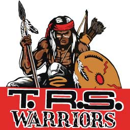 Illustration of a Native American warrior holding a spear and shield, with "T.R.S. Warriors" written below in bold letters.