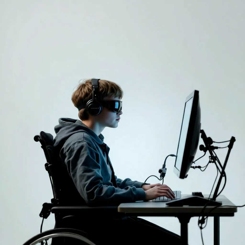 A person in a wheelchair wearing headphones and dark glasses types on a keyboard while facing a computer monitor in a minimalist setting.