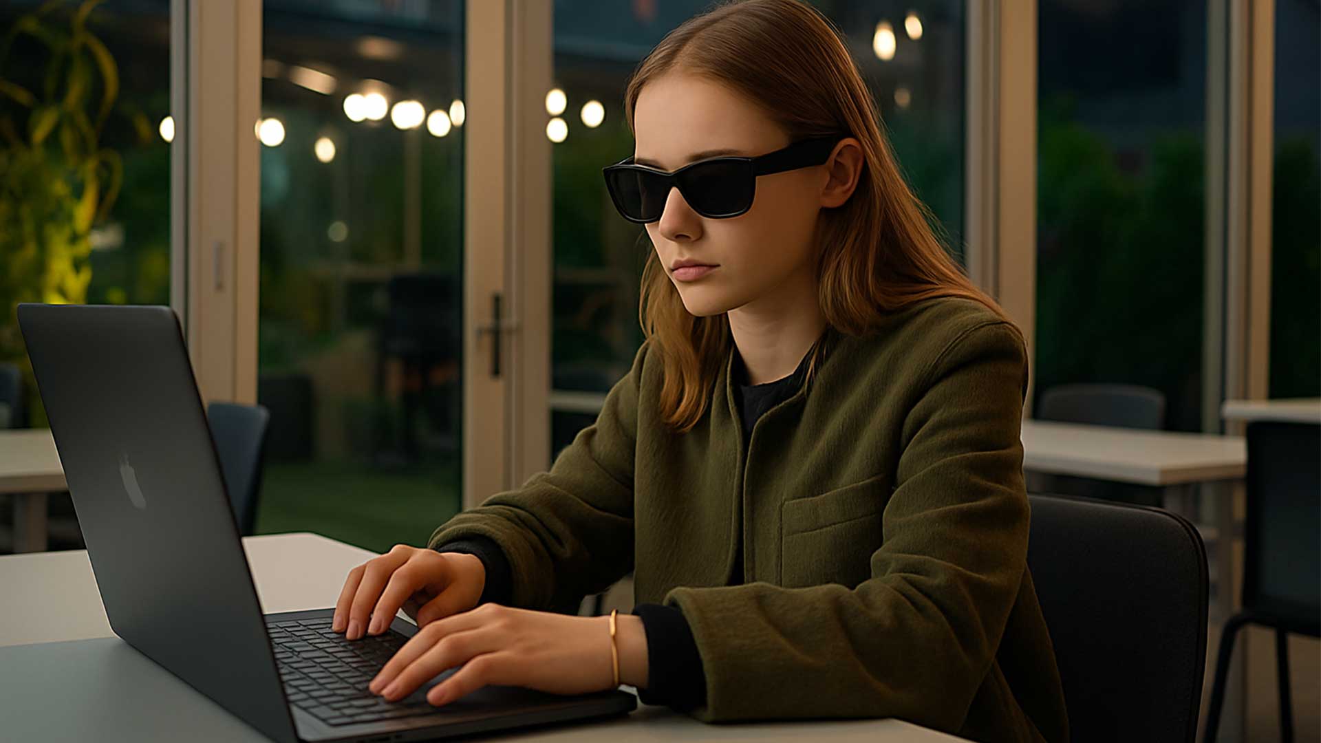 A person wearing dark sunglasses and a green jacket types on a laptop at a table in a modern room with large windows.